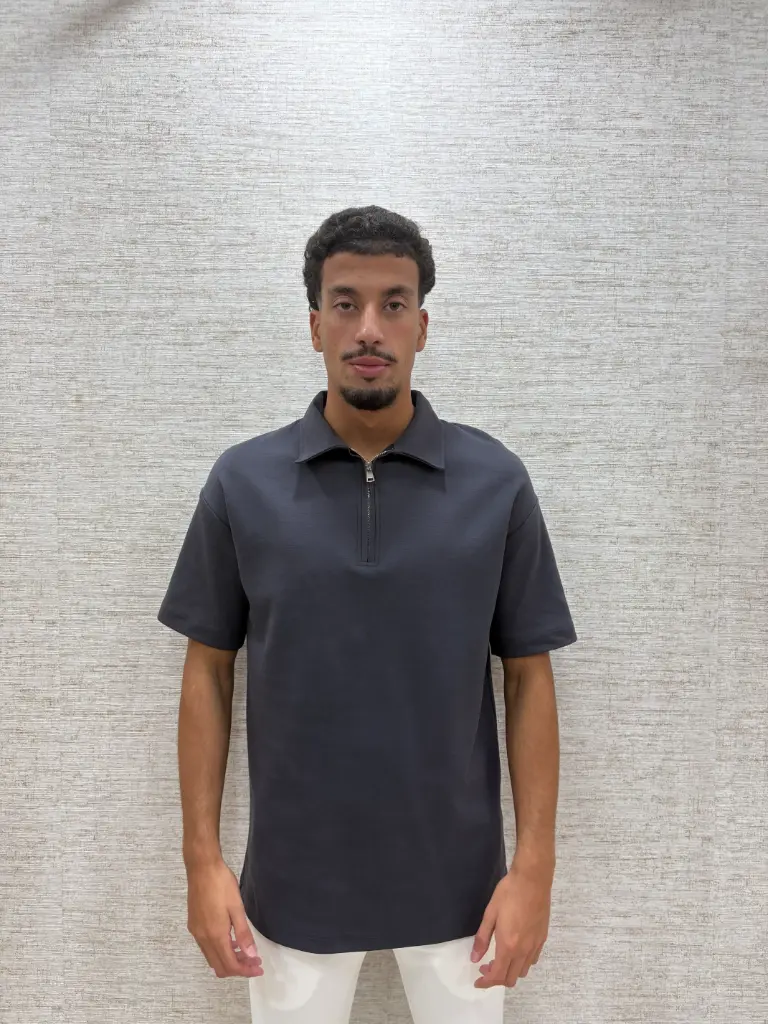 Oversized Polo Zip Donkergrijs