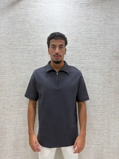 Oversized Polo Zip Donkergrijs